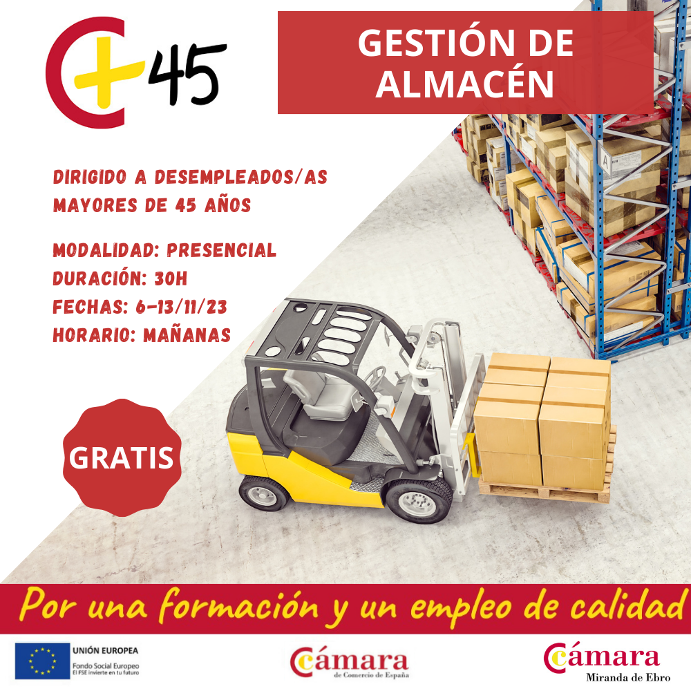 CURSO DESEMPLEADOS MAYORES 45: GESTIÓN ALMACÉN (30h)