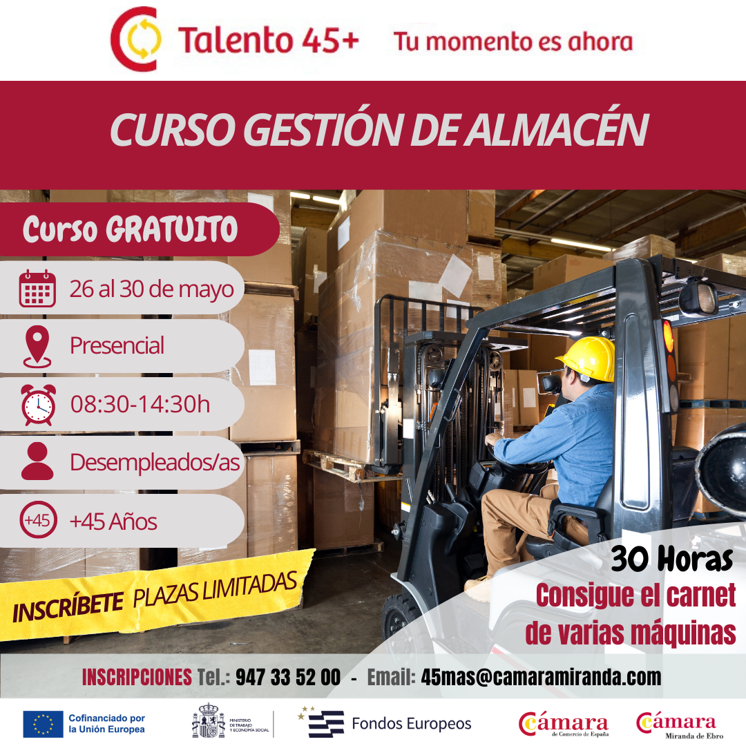 CURSO GESTIÓN ALMACÉN (30h). DESEMPLEADOS 45+