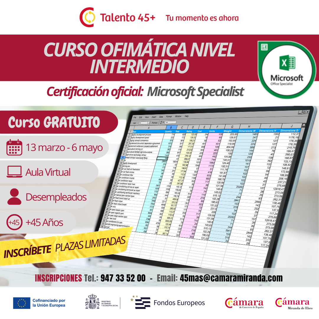CURSO OFIMÁTICA NIVEL INTERMEDIO (CERTIFICACIÓN OFICIAL MICROSOFT SPECIALIST EXCEL)